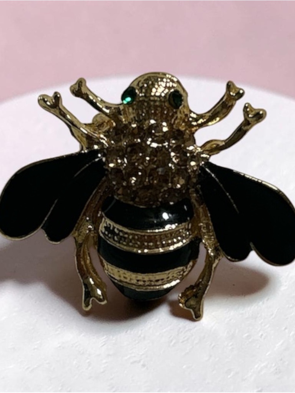 Gold & Black Bee Pin Brooch with Green Eyes